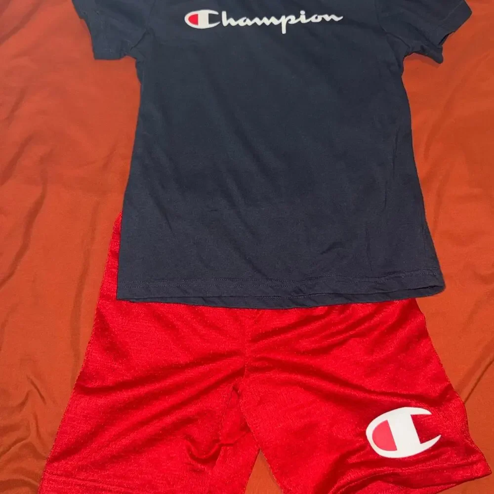 Champion Boys 2-Piece Outfit Set Size 7 Navy Logo Tee & Red Mesh Shorts EUC